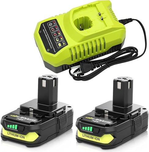 2 Packs 3600mAh Replacement for Ryobi 18V Battery and P117 Charger(Green)