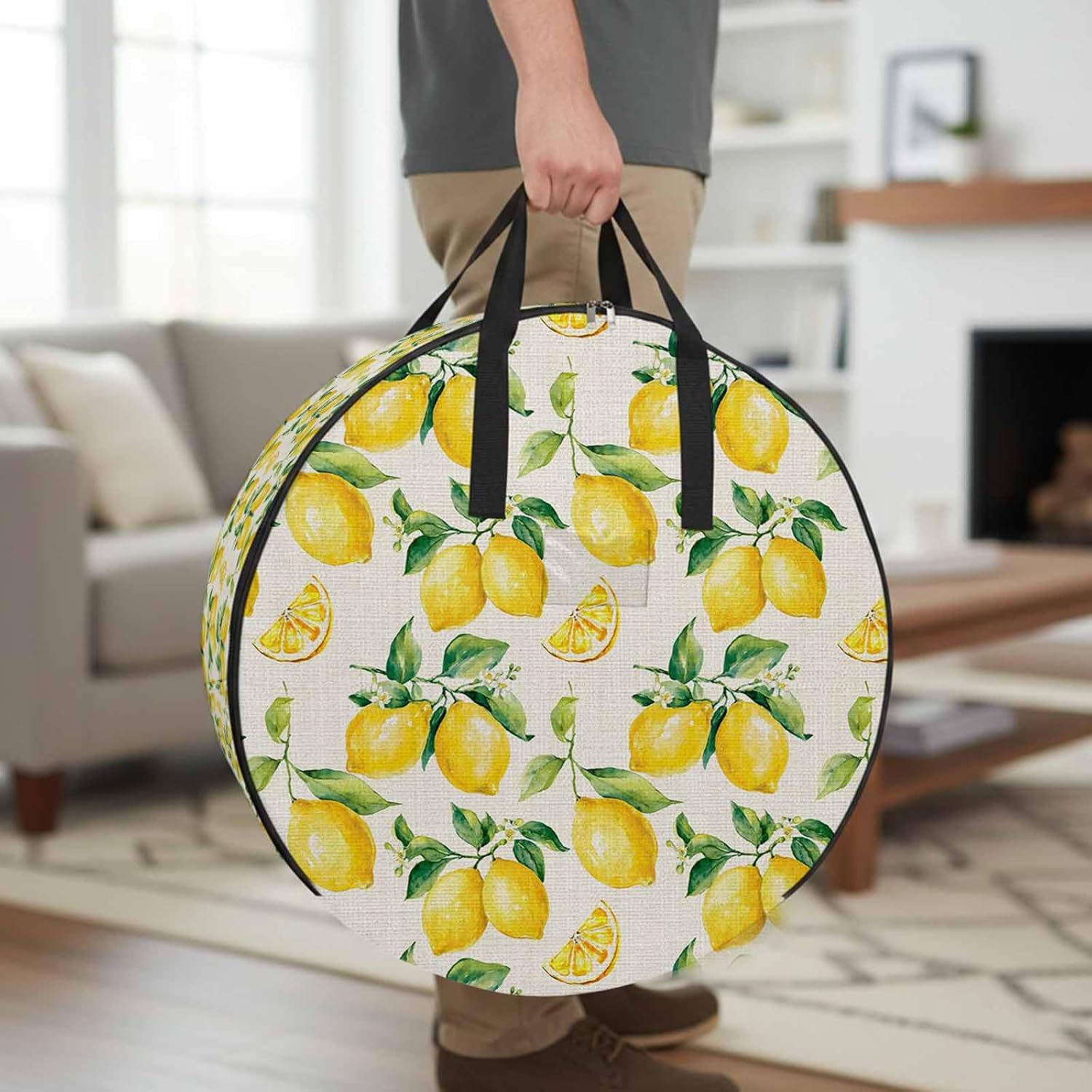 Storage Bag Yellow Lemon Round Storage Totes Bins Closet Organizers with Zippers & Handle Farm Fruit Linen Clothes Storage Container for Bedroom Dorm Space Saving Packing Supplies Moving Bags