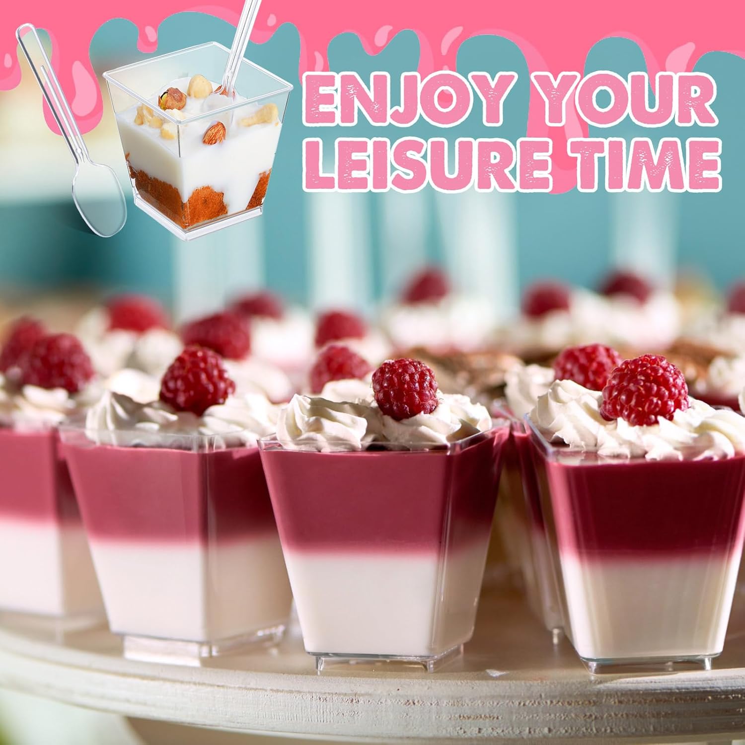 Sawysine 150 Pack 8 oz Plastic Dessert Cups with Lids and Spoons Square Parfait Cups Clear Appetizer Disposable Ice Cream Containers for Cupcake, Pudding, Snacks, Yogurt