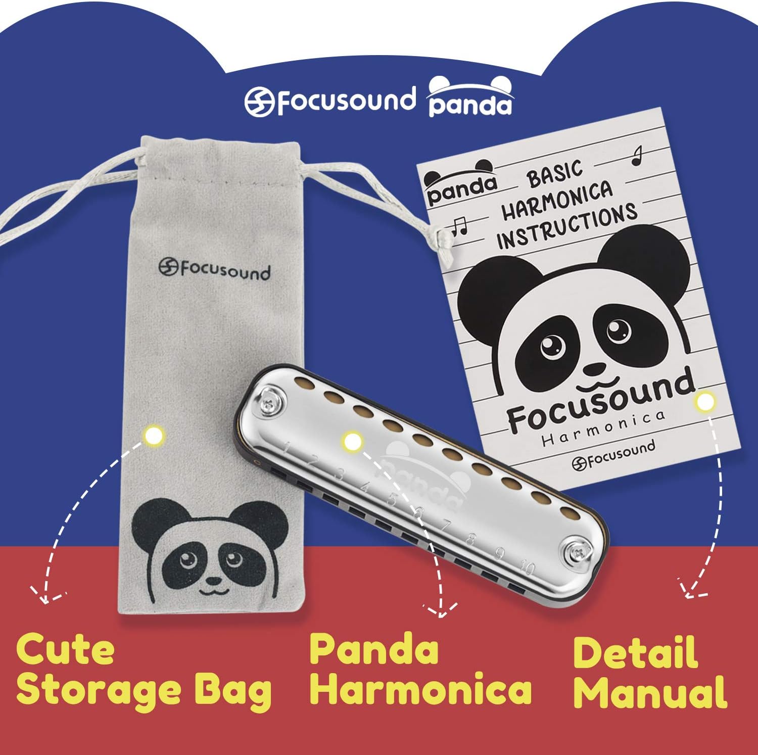 Focusound Panda Harmonica for Kids, Diatonic Key of C, Smooth Rounded Edges : Musical Instruments