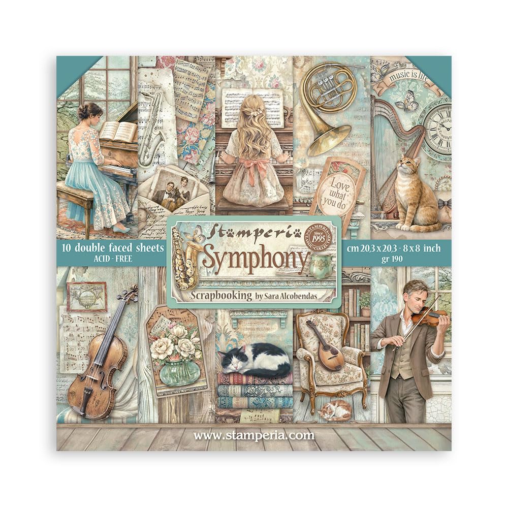Stamperia - Scrapbook Paper Pad for Scrapbooks, Albums, Cards, Bullet Journals and More, Acid Free, Double-Sided, Perfect for Hobbies, Crafts, and Gifting (Symphony) (20.3 x 20.3 cm)