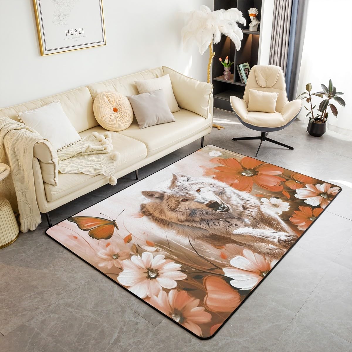 Erosebridal Wolf Area Rug 5x7, Wildlife Flowers Butterflies Carpet for Bedroom Living Room, Safari Animals Non Slip Indoor Floor Mat, White Teal Blue 3D Printed Kids Boys Washable Decorative Rug