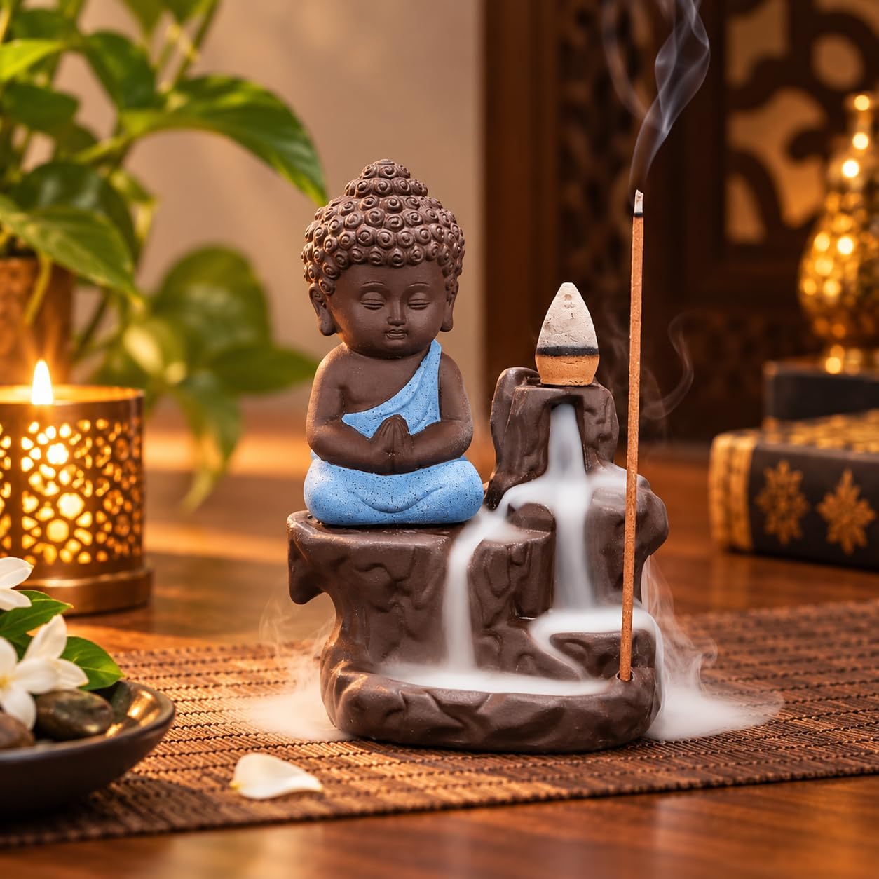 eCraftIndia Meditating Monk Buddha Smoke Backflow Cone Incense Holder Decorative Showpiece with 10 Free Smoke Backflow Scented Cone Incenses