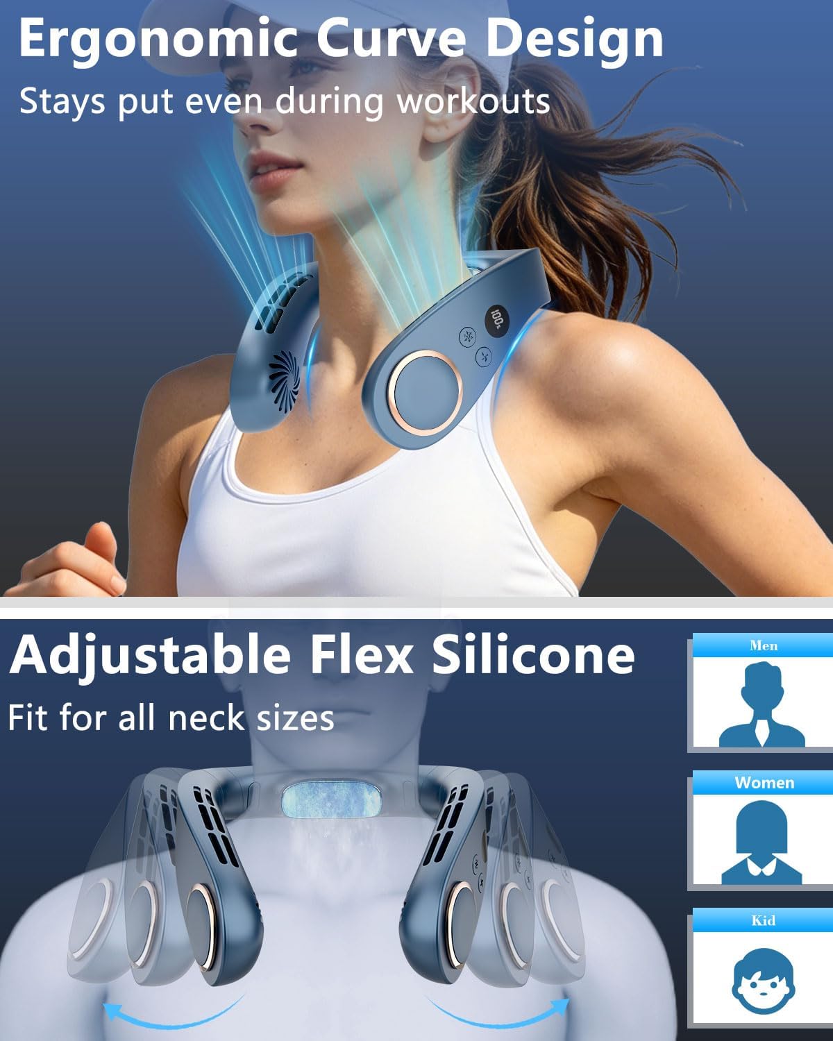 Neck Fan with Cooling Plate,5500mAh Rechargeable, Ultra Quiet Operation, 5 Speeds & 3 Cooling Modes, USB-C Fast Charging, LED Display Battery & Gear, Bladeless Fans that Blow Cold Air for Travel Blue