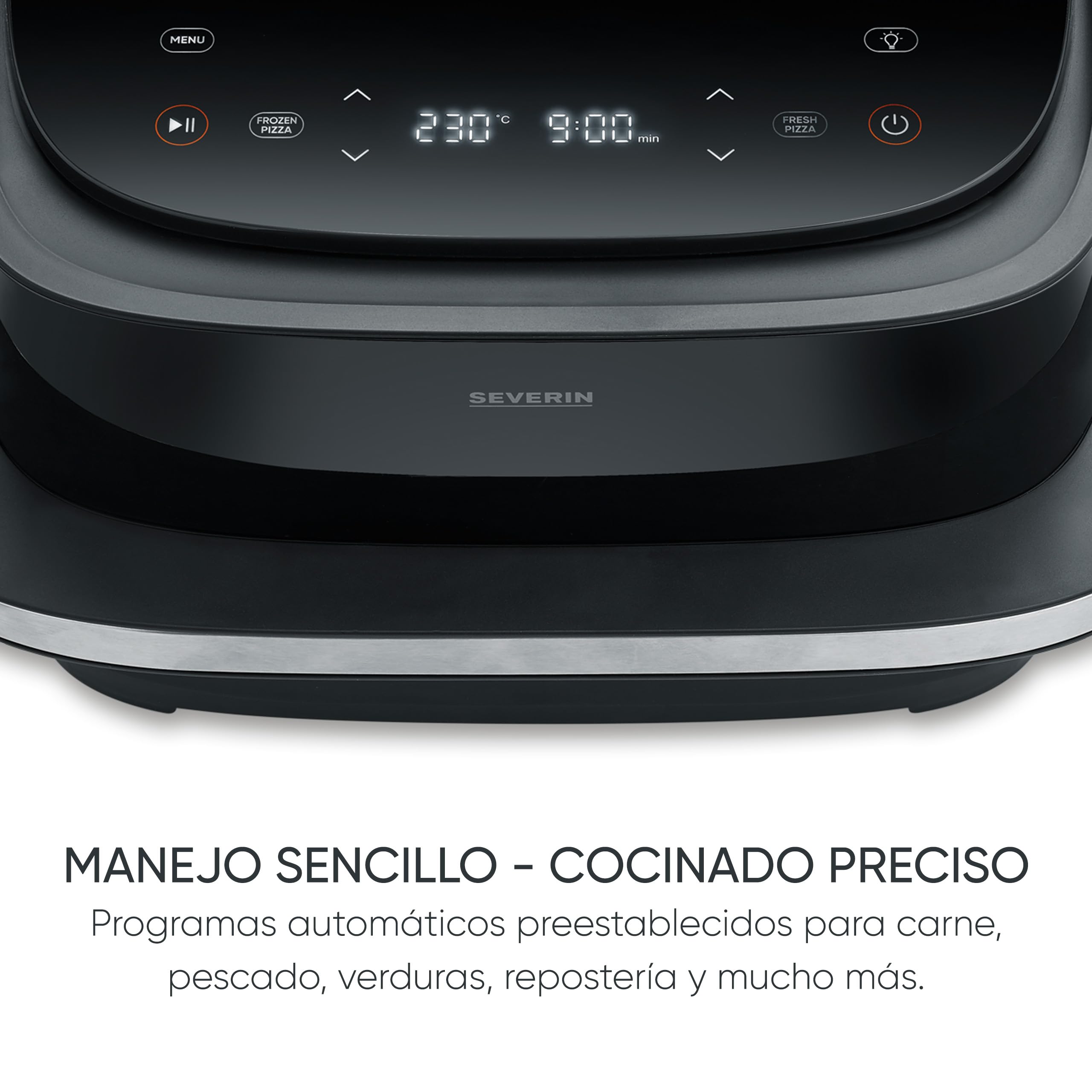 SEVERIN Freidora de aire S-Fry Pizza & More, 10 programas automáticos para pizza y más, distribución óptima del calor, forma extraancha, ventana de visualización, 4 l, 2100 W, negro, plateado, FR 2464