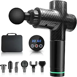 Pistola Massageadora Profissional Elétrica de Fibra de Carbono, Massageador Corporal com 30 Velocidades Ajustáveis, Tela Digital, Recarregável, com 6 Cabeçotes Interchangeáveis para Relaxamento e Aquecimento Pós-Treino