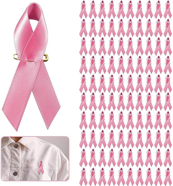 Lot de 100 Broches Ruban Rose Sensibilisation Cancer du Sein, Pins en Satin Pré-Découpé avec Épingles à Nourrice, Octobre Rose - 1