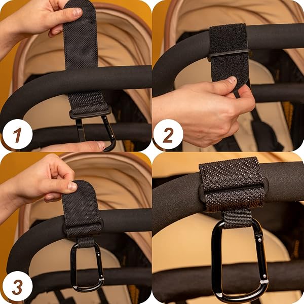 4 Pezzi Ganci Passeggino Universali Macla - Ganci per Passeggino Porta Borse in Alluminio - Portaoggetti Passeggino con Chiusura Regolabile in Velcro - Design Elegante e Cuciture Extra Forti - 3