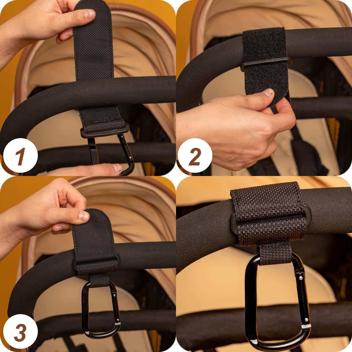 4 Pezzi Ganci Passeggino Universali Macla - Ganci per Passeggino Porta Borse in Alluminio - Portaoggetti Passeggino con Chiusura Regolabile in Velcro - Design Elegante e Cuciture Extra Forti