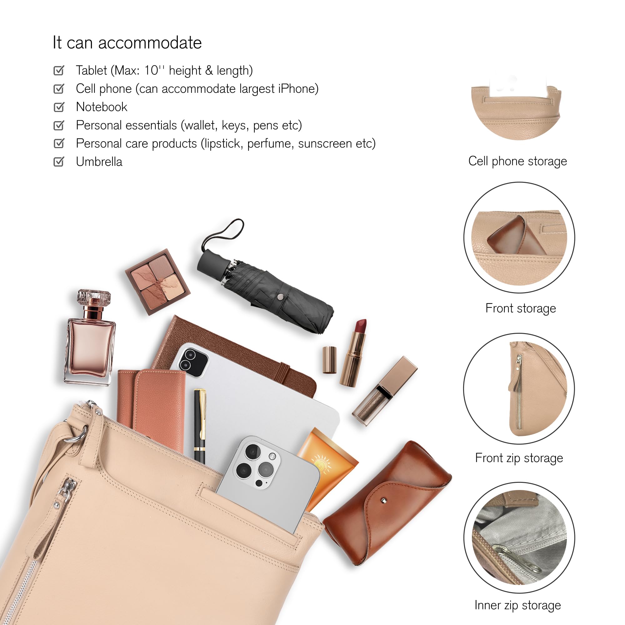 Leather Crossbody Bags for Women - Ladies Sling Handbags - Medium Cross body Purses Handbags - Purses For Women: Nappa Beige