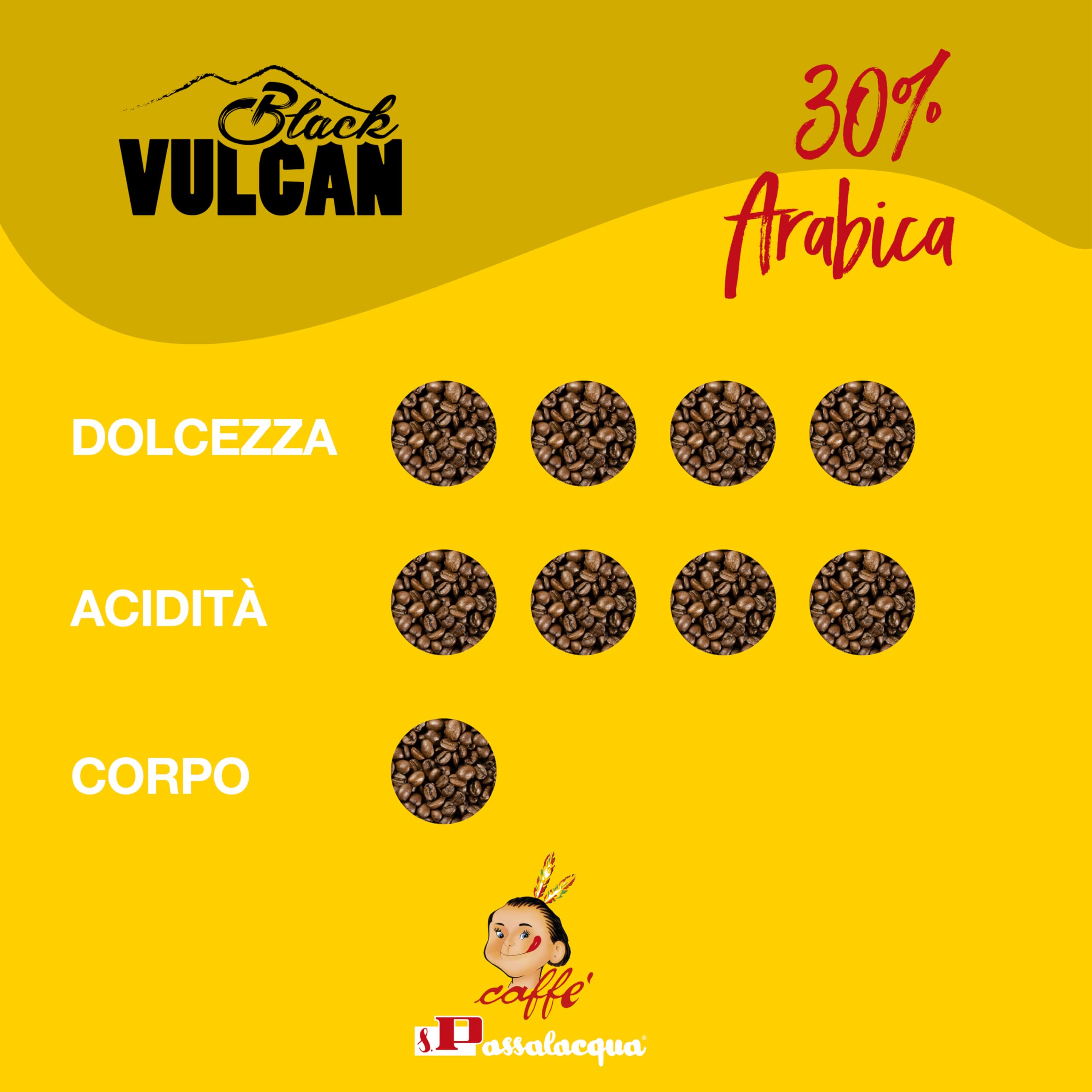 Passalacqua Black Vulcan Caffè Premium in Grani – 1 Kg - Tostatura Autentica Napoletana 30% Arabica - Espresso Forte e Corposo con Note di Cioccolato e Miele - Made in Italy