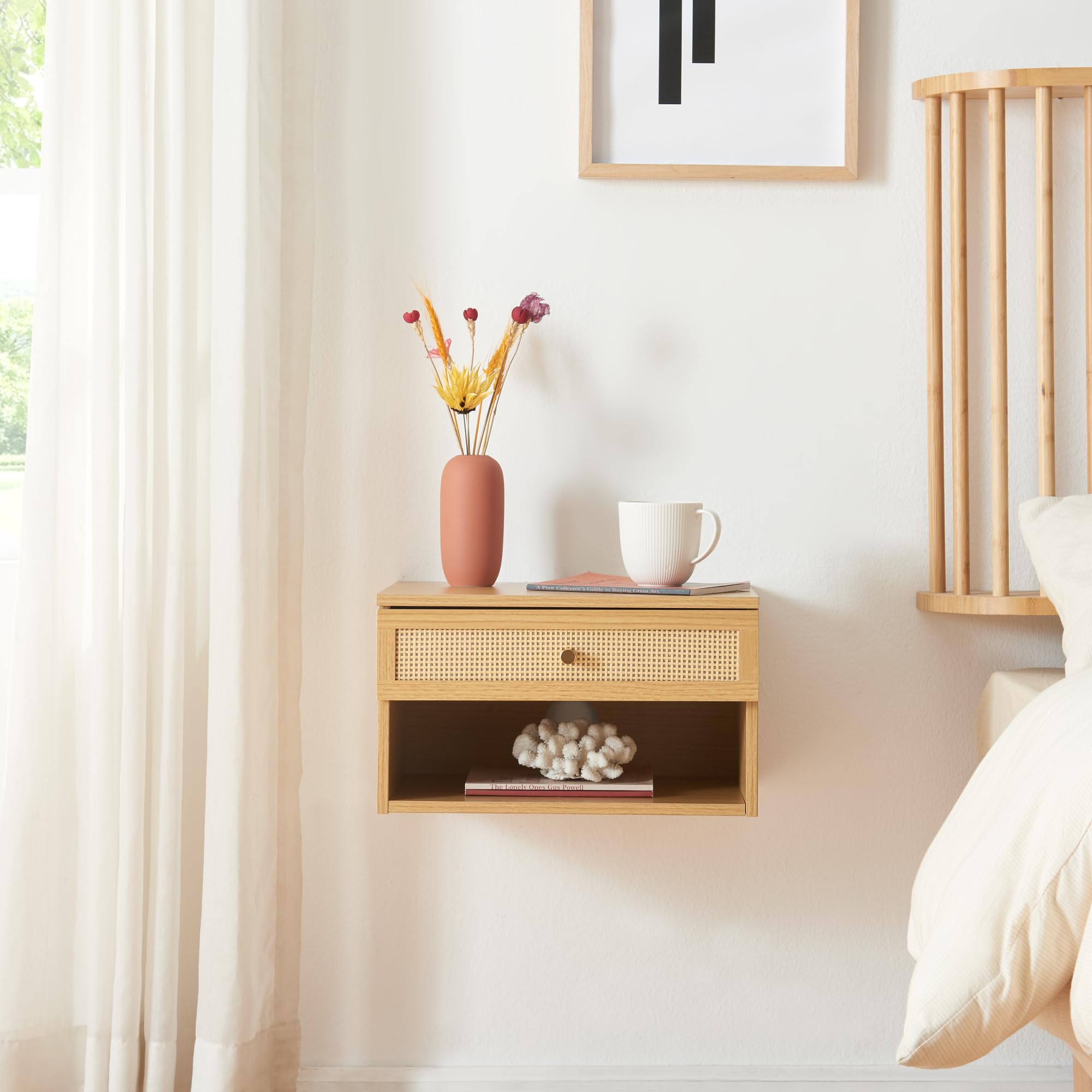 [en.casa] Comodino da Parete con Cassetto e Scomparto Aperto Consolle a Muro con Foro Passacavi Mobiletto Sospeso da Ingresso Soggiorno 40x32x23 cm Effetto Rovere/Rattan