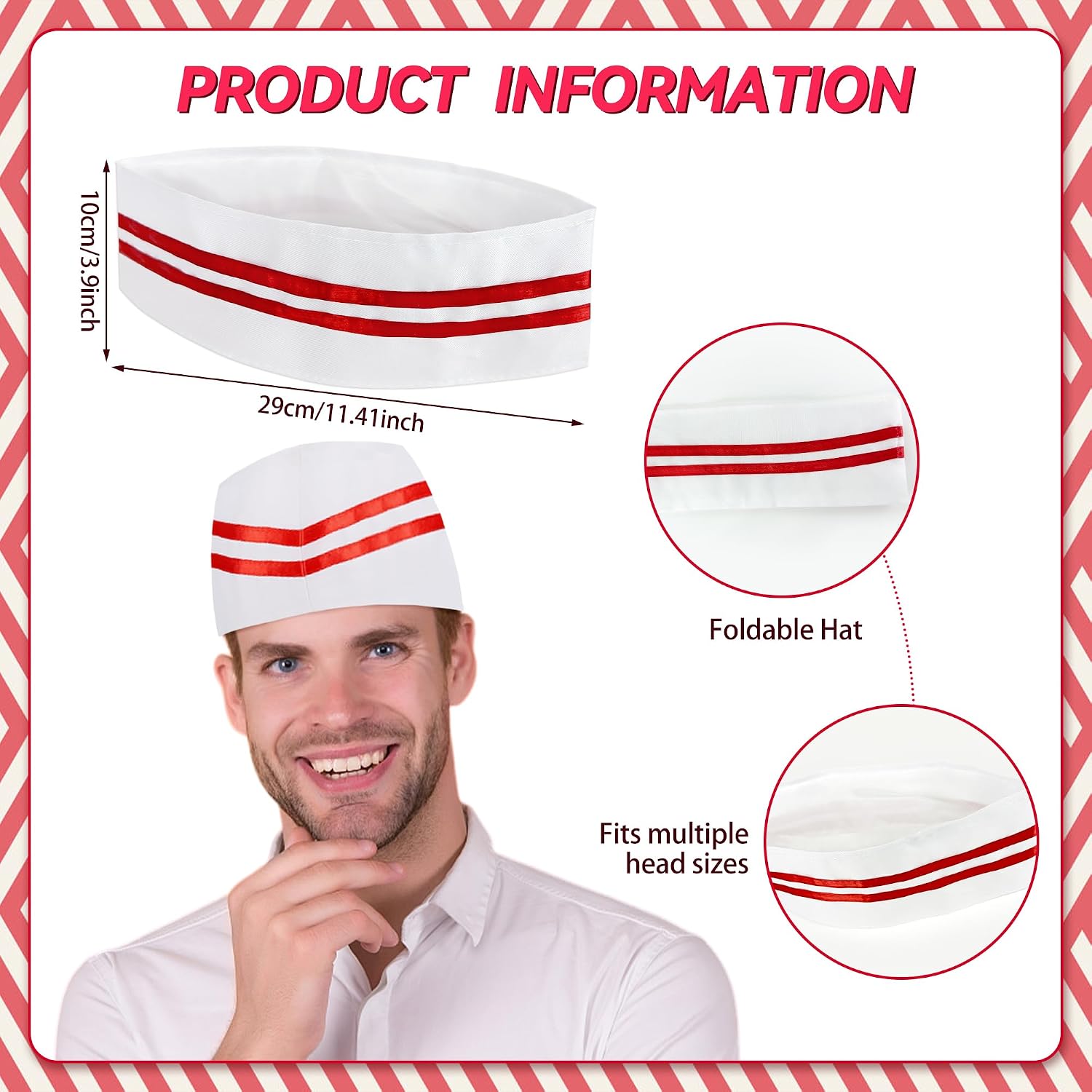 Waiter Costume Kit, Soda Jerk Costume with Red and White Striped Apron 1950s Carnival Costumes for Men Women for Movie Night Halloween
