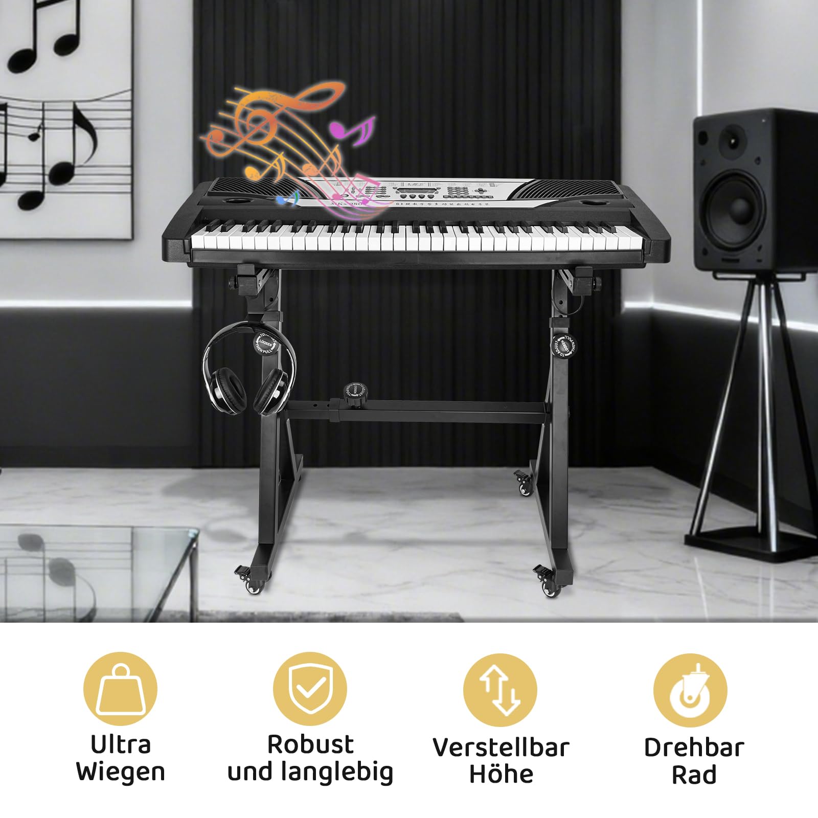 Keyboardständer, Z-Form Klavierständer, Robuster &Tragbarer Digitalpianoständer, Verstellbarer Klavierständer mit 4 Rollen & Kopfhörerhaken,Geeignet für Digitalpianos mit 54-88 Tasten, Schwarz
