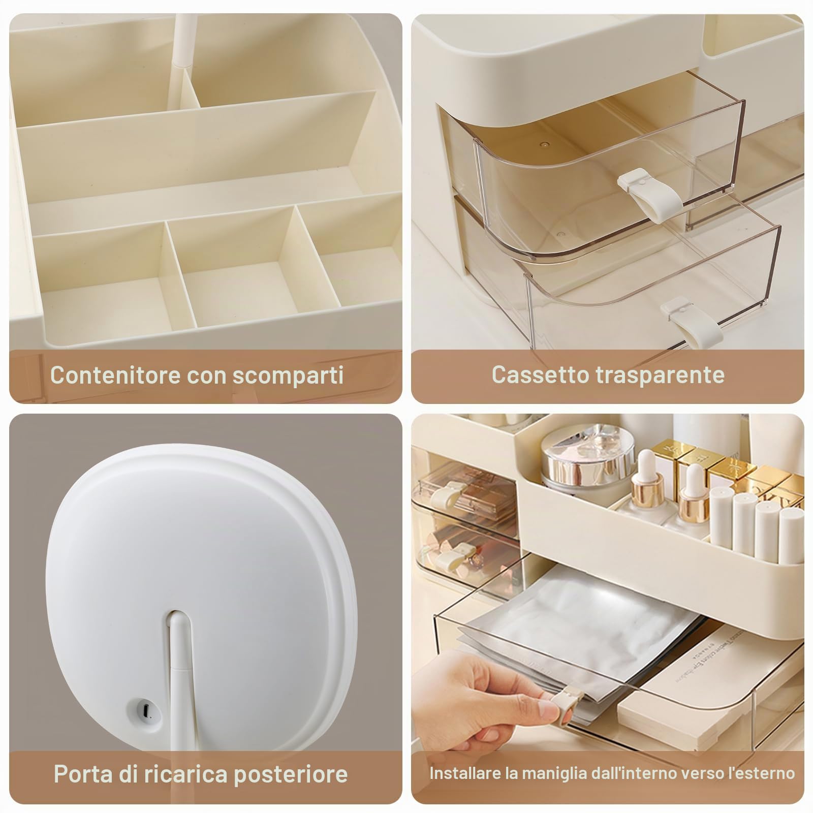 DASITON Organizer Trucchi con Specchio e 3 Cassetti, Porta Trucchi Organizer da Bagno, Porta Pennelli Make Up Organizzatore Trucchi, Organizer Cosmetici per Toeletta, Bagno, Camera da Letto (Crema)