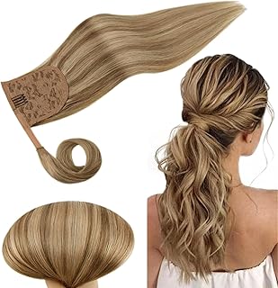 RUNATURE Human Hair Ponytail Extension Blonde Ponytail Hair Extension Dark Blonde Highlight Caramel Blond Short Ponytail Human Hair Extensions Straight Pony Tails Hair Extension 12 Inch 70g
