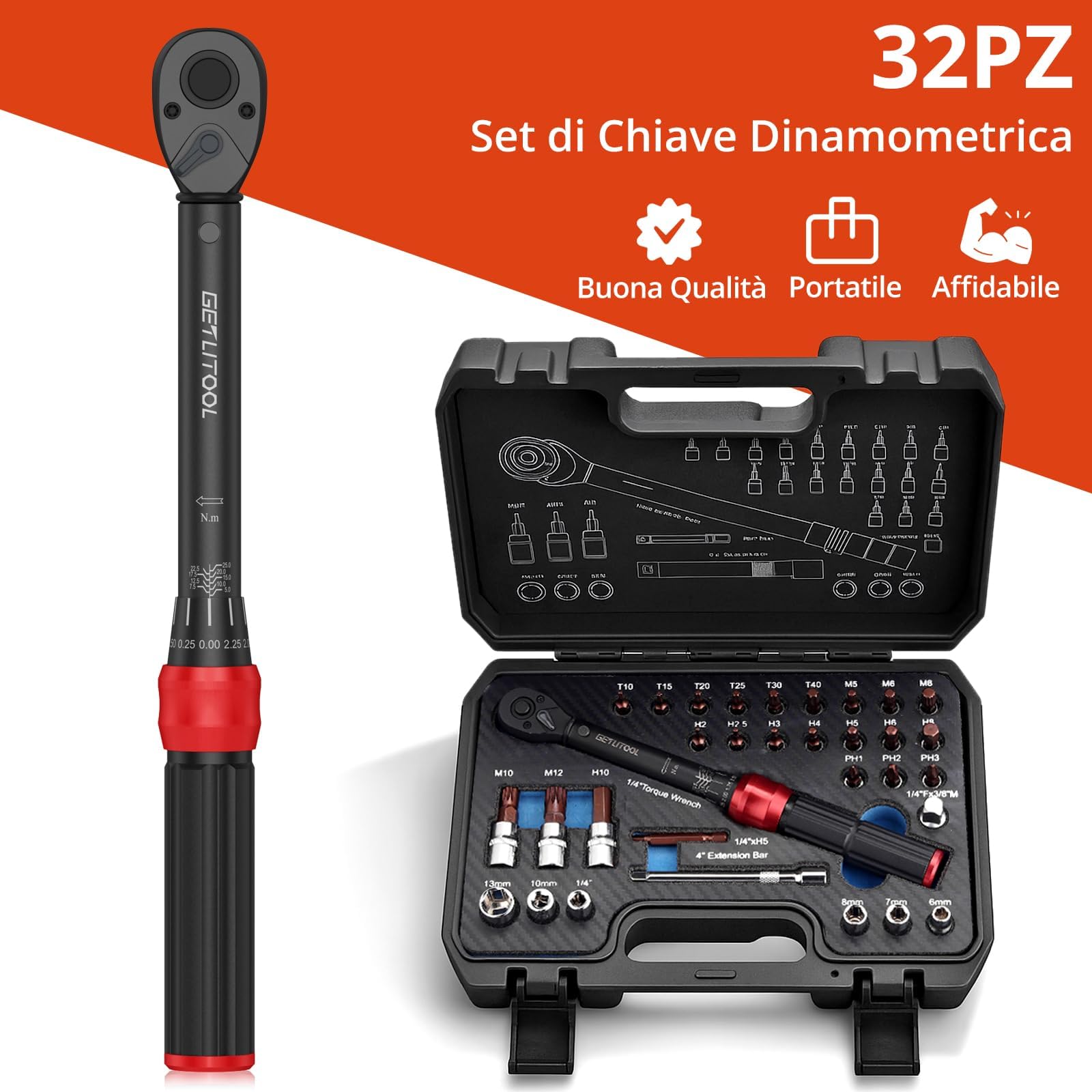 GETLITOOL 32 szt. zestaw kluczy dynamometrycznych 1/4" z 72 zębami, 5-25 Nm, stal CR-MO, z sześciokątnymi końcówkami torx Phillips XZN, kompasami, adapterami i walizką do roweru motocyklowego, funkcja