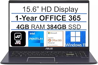 ASUS Newest Ultra Thin Laptop, 15.6” HD Display, Intel Pentium Processor, 384GB SSD(128GB eMMC+256GB PCIe SSD), 4GB RAM, WiFi, Bluetooth, USB, Windows 11 Home S, 1 Year Microsoft 365, Black, JVQ+MP