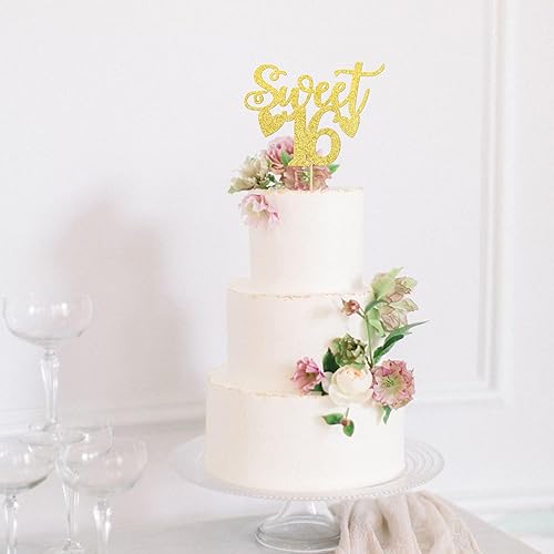 Miniatura 6 de 1 pieza de decoración de pastel de 16 años con corazón con purpurina de dieciséis cumpleaños número 16 feliz 16 para tartas de cumpleaños de 16