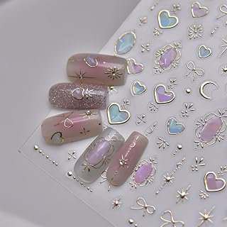 JMEOWIO 3D Embossed Heart Bow Moon Star Nail Art Stickers Decals Self-Adhesive 5D Nail Supplies Nail Art Design Decoration Accessories 1 Sheets