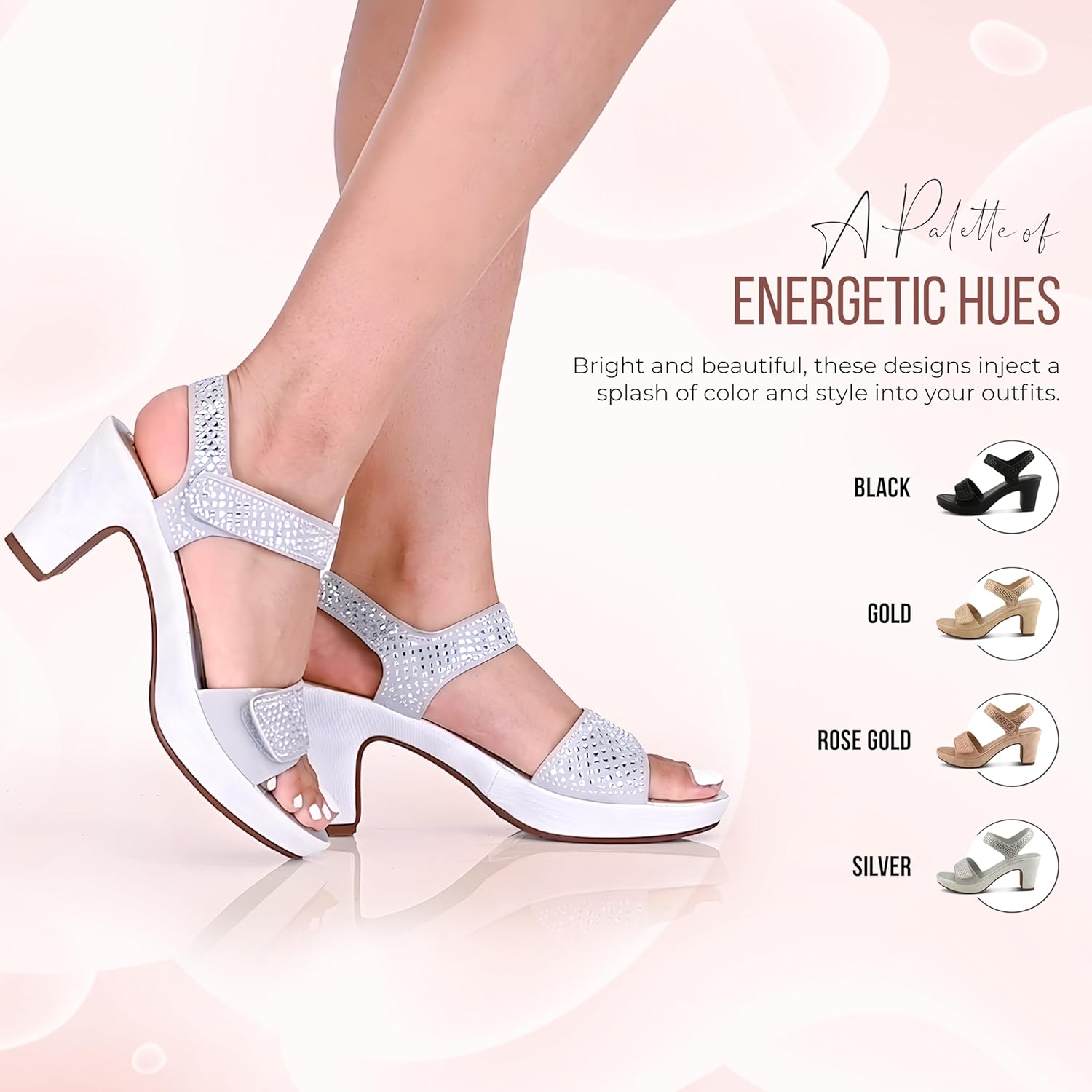 PATRIZIA Women's SHINE Hook and Loop Platform Heels - Microsuede Upper, Crystal-Adorned Straps, Adjustable Fit - Image 7