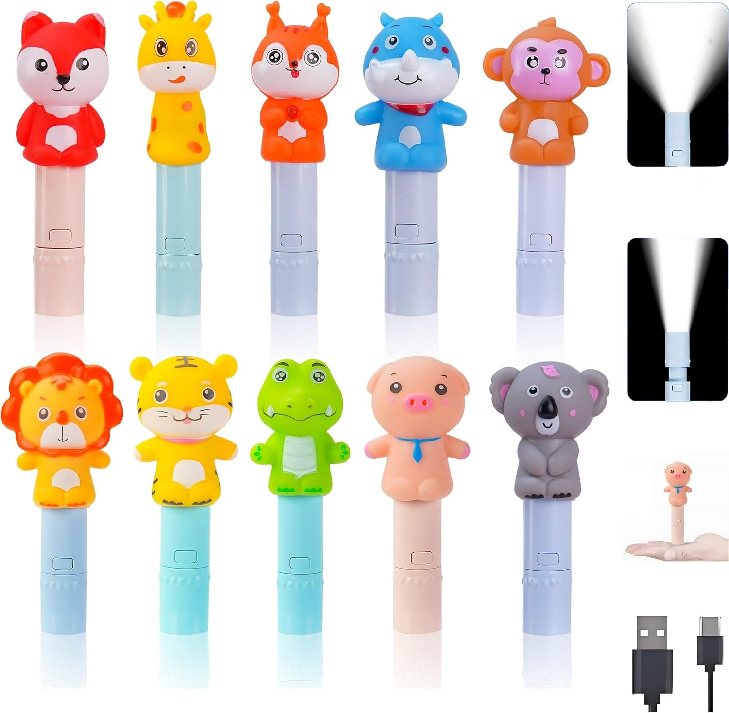 10 Pack Small Mini Cute Kids Flashlight, Rechargeable Animal Flashlights for Boys Girls,Christmas Gifts Stocking Stuffers