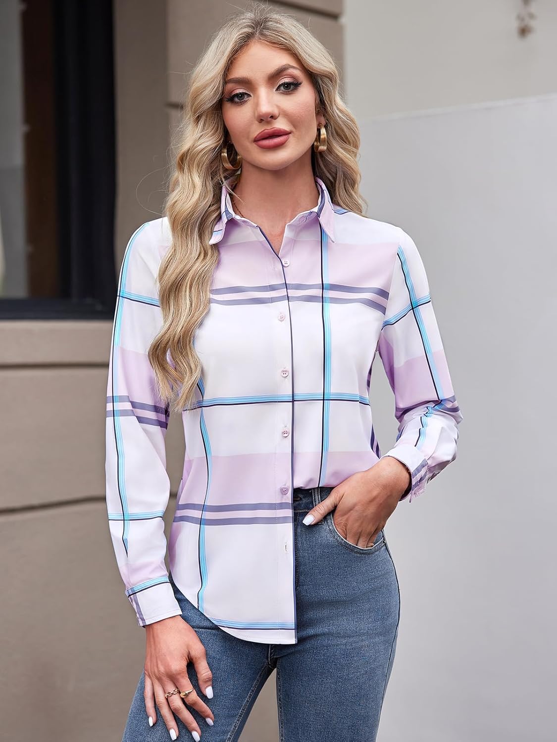 Women's Button Down Shirts Plaid Long Sleeve Dress Shirt Collared Fitted Blouses Wrinkle Free Casual Office Work Tops - Image 4