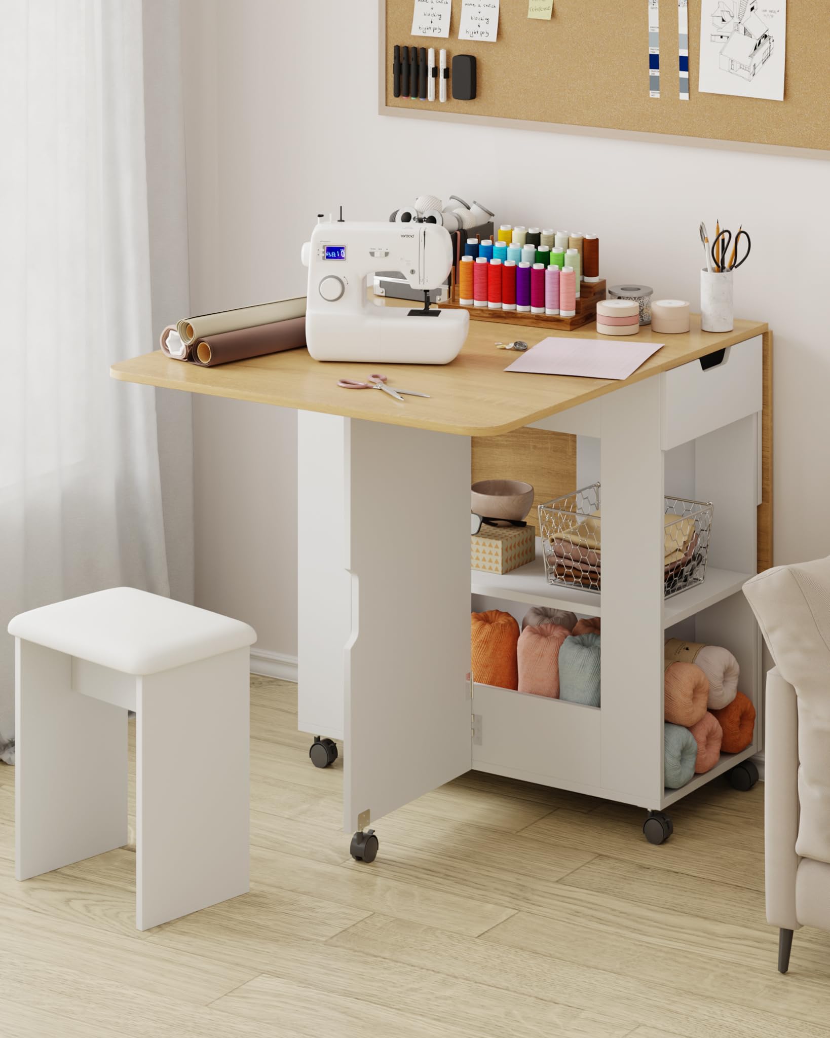 Mondeer Essgruppen, Klappbarer Esstisch mit 4 Stühlen und Schublade, Esstisch Set mit Rollen und 2 Offenen Ablagen, für Kleine Räume Esszimmer Küche, 140 x 80 x 75 cm (Eiche und Weiß)