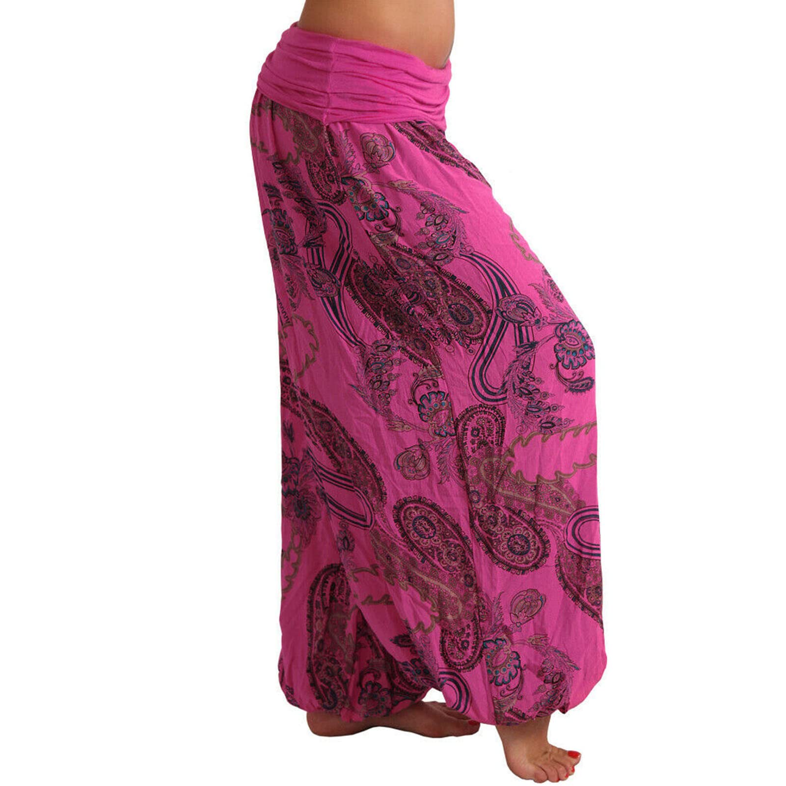 Maiyifu-GJ Women's Printed Wide Leg Palazzo Pants Loose Fit Casual Floral Print Harem Trousers Summer Soft Baggy Lounge Pant (Rose Red,4X-Large)