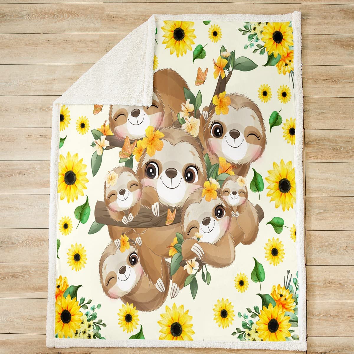 Loussiesd Coperta in pile con motivo a buffet, con motivo a bradipo e girasole e bradipo con animali Kawaii, coperta in peluche per letto, divano, bambini, adolescenti, botanica, 200 x 200 cm
