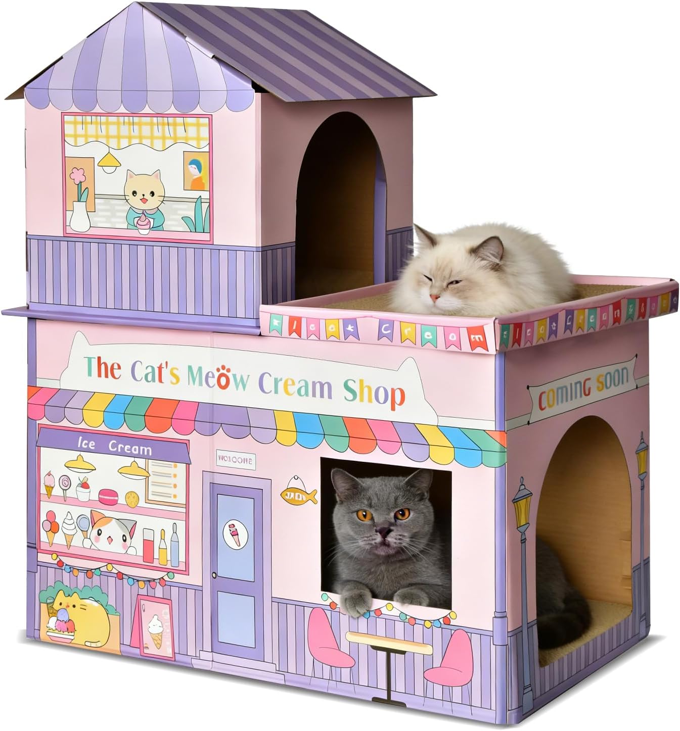 Cardboard Cat House for Indoor Cats, Double Layer Cat Scratcher House for Large Kitty Rabbit Bunny, Scratch & Sleep 2 in 1 Design, Durable & Easy to Assemble Scratching Bed (Ice Cream Shop)