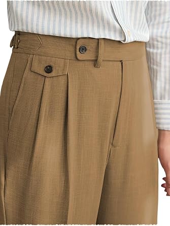Men Linen Casual Pants Classic Flat Front Pleated Pants Lightweight Stretch Trousers
