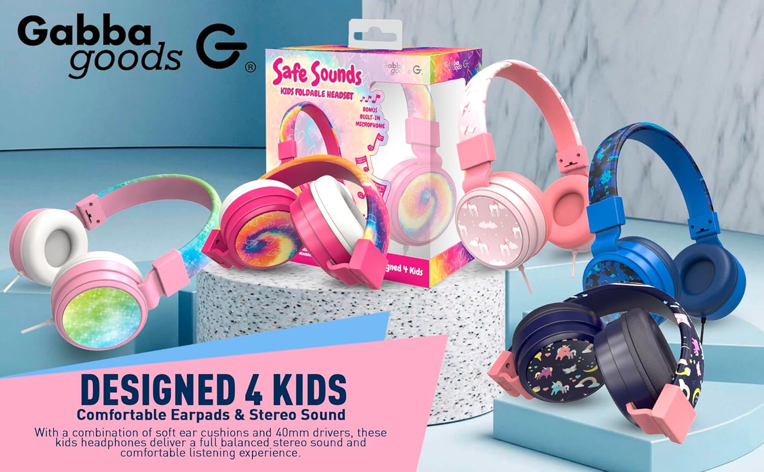 Gabba Goods Kids Safe Headphones, Foldable Tangle-Free 3.5mm Jack, Volume Limiting 85/94dB, Over-Ear with Microphone for School/Toddlers/Teens/Boys/Girls/Ipad/Tablet/Kindle/Phones/Travel/Plane
