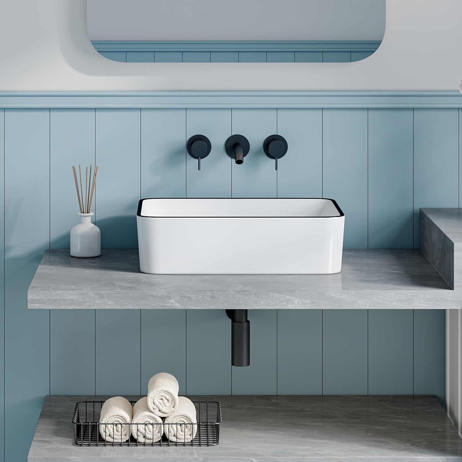 Bathroom Vessel Sink, Eridanus 19" x 14" White with Black Trim Vessel Sink Rectangular Bathroom Sink Porcelain Ceramic Vessel Sinks for Bathroom Vanity Sink Above Counter Basin