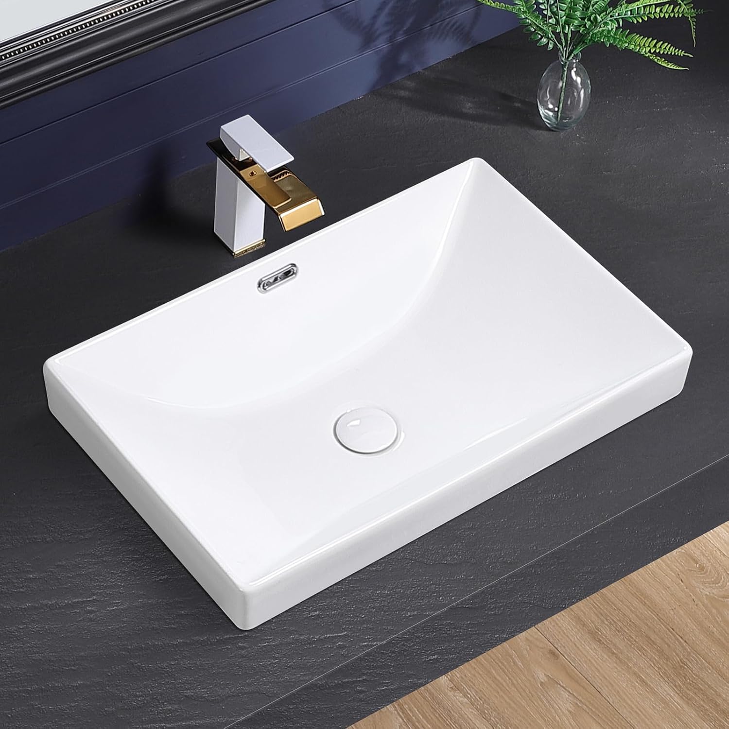 Semi Recessed Bathroom Sink 23"x15" Vessel Sink Drop-in White Porcelain Ceramic Modern Rectangular Sinks Basin Vanity Sinks with Overflow for Bathrooms
