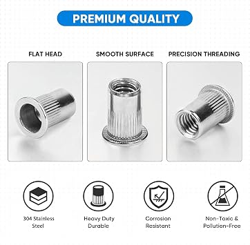 AKKTOL 200-PCS Rivet Nut Kit, Stainless Steel Rivnuts Kit, SAE and Metric Nutserts Kit with Flat Head, 6-32#8-32#10-32#10-24 1/4-20 3/8-16 5/16-18 M3 M4 M5 M6 M8 M10 M12