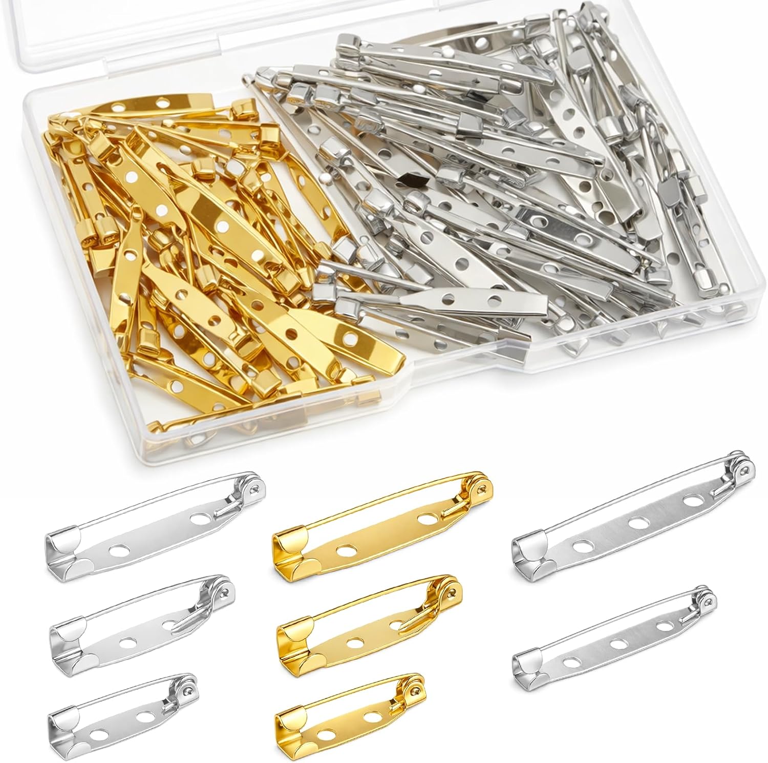 80 PCS Brooch Pins for Crafts, 5 Sizes Brooch Pin Backs Gold & Silver Boutonniere Pins with Plastic Case for Jewelry Making Badges DIY Crafts Name Tags Accessories, 20/25/30/35/38 Mm