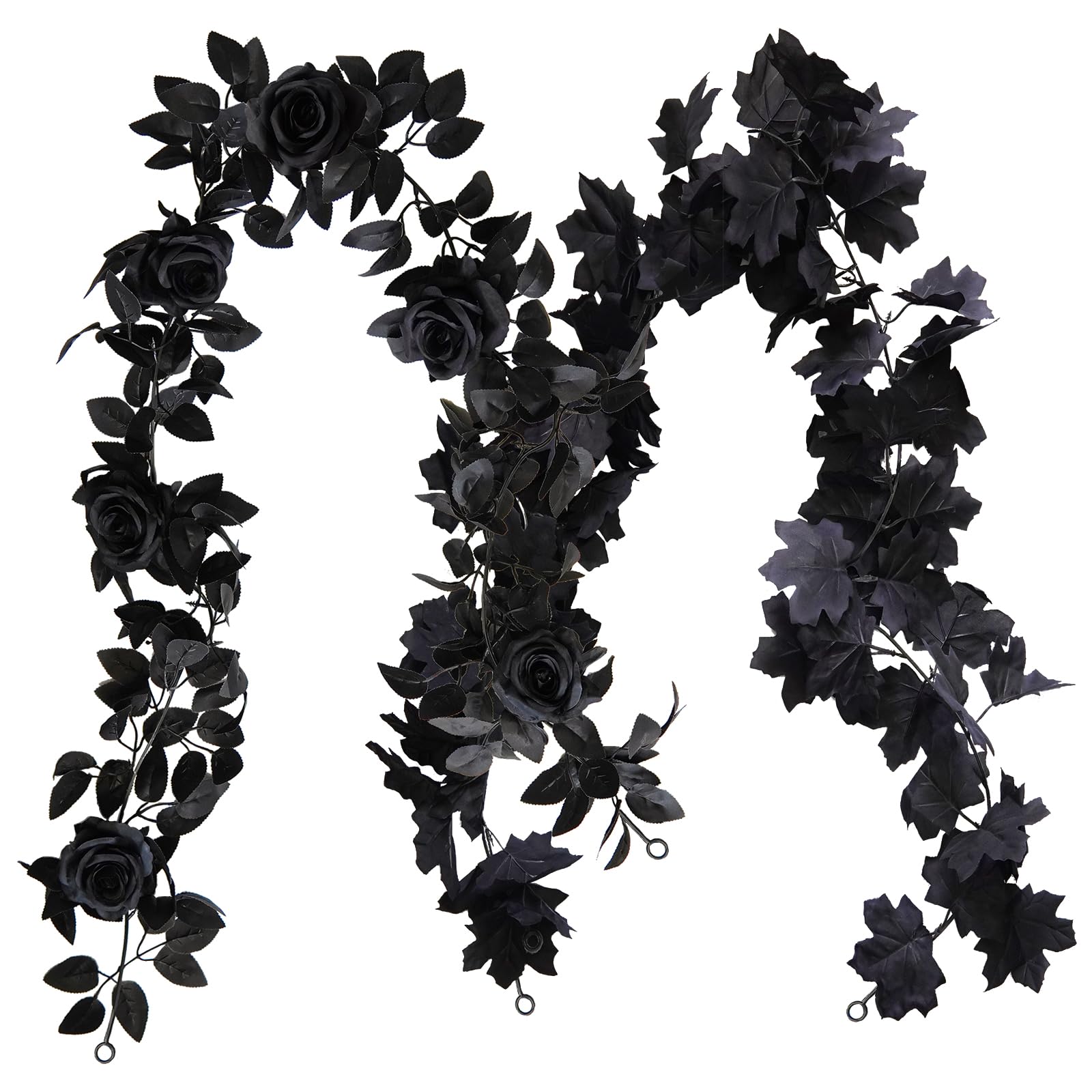 Kainonnan 2Pcs Halloween Garland 5.74 ft Black Vines Rose Vine Garland with Fall Leaves Garland for Fall Halloween Room Party Office Indoor Outdoor Decor (Black)