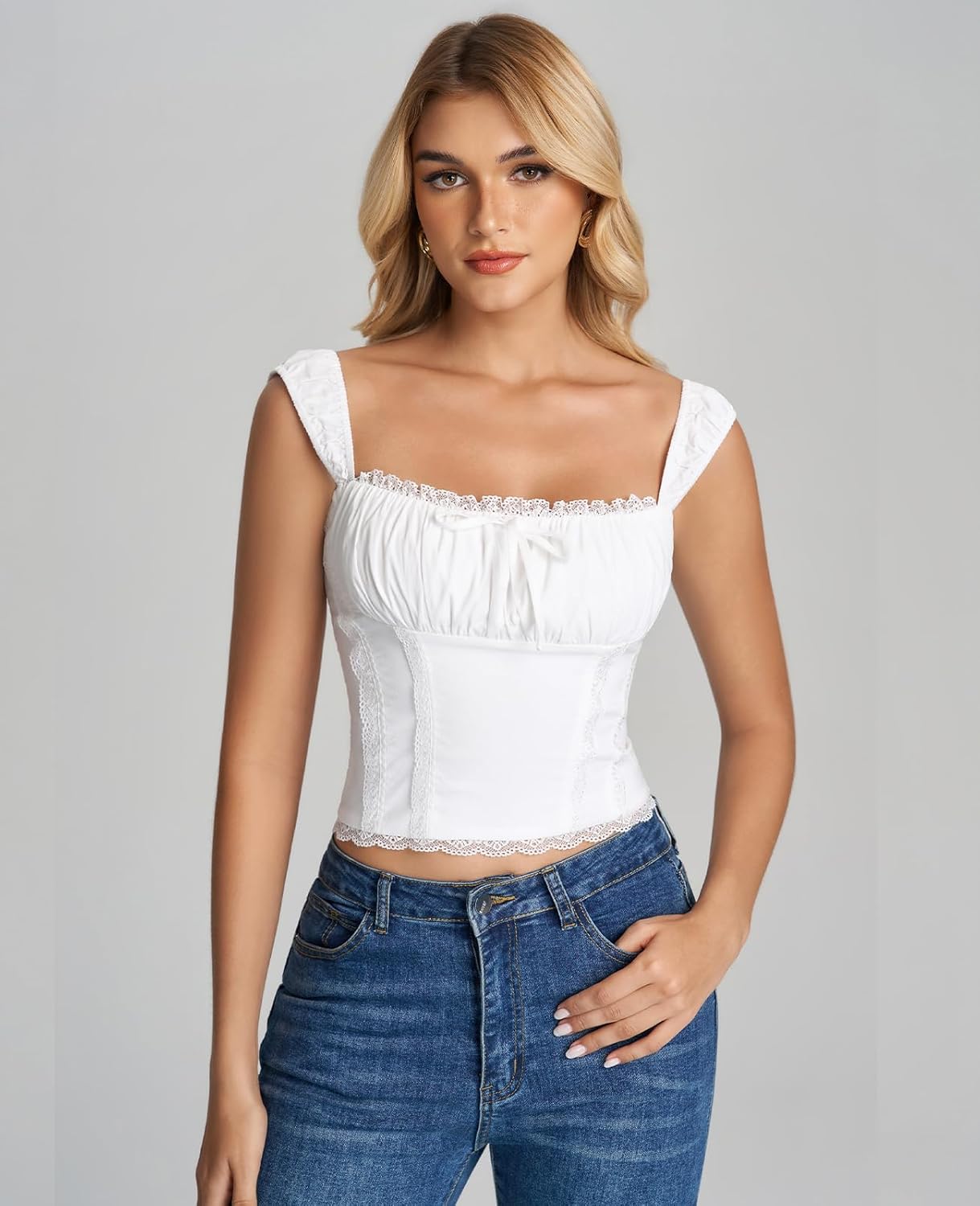 XinFSh Women's Summer Lace Going Out Crop Tank Tops Cute Square Neck Sleeveless Ruched Y2k Top Trendy