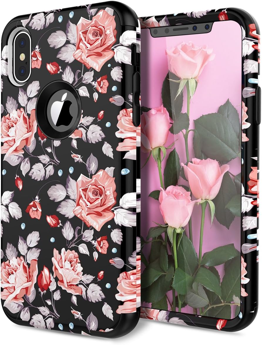 WeLoveCase iPhone X XS Case, 3 in 1 Hybrid Shockproof Armor Defender with Flower Floral Printed Design Case High Impact Heavy Duty Hard PC Shell Soft TPU Bumper Protective Cover for iPhone X/XS Rose