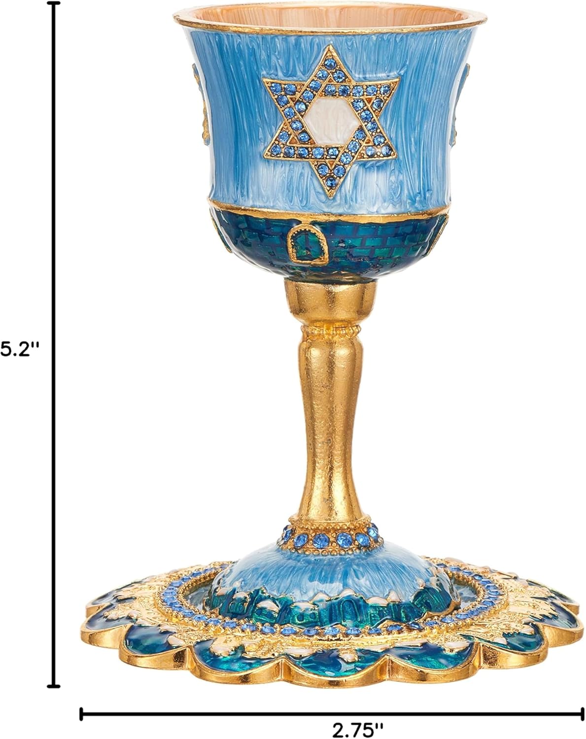 Matashi Hand-Painted Enamel Tall 5" Kiddush Cup Set w/Stem & Tray Embellished w/Crystals and Star of David Design for Weddings Shabbat Havdalah Passover Goblet Judaica Gift Cup