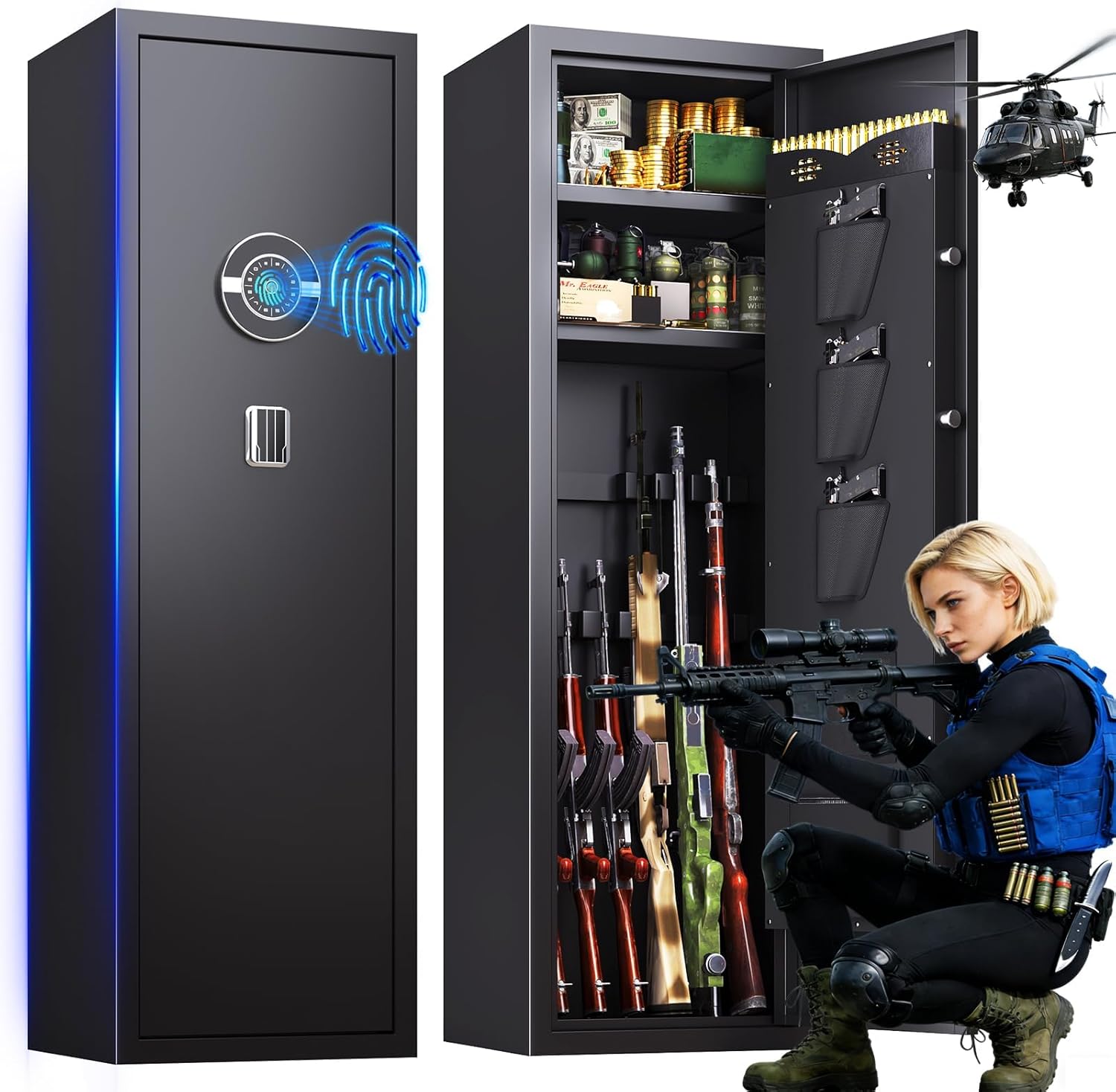 8-12 Biometric Gun Safe, Gun Safe for Rifles and Pistols, Quick Access Gun Cabinet for Shotguns, No Assembly Rifle Safe, Fingerprint Gun Locker with Adjustable Shelves, Pockets, 57"H× 14"W × 12"D