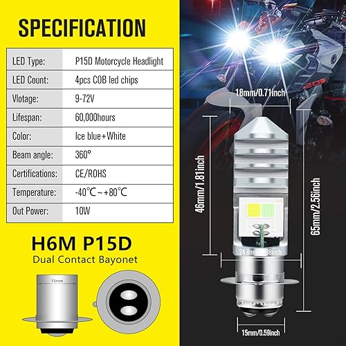 Miniatura 7 de 2 bombillas LED ATV de 9 a 48 V, color blanco, 1800 lm Hi-Lo Beam 4COBs H6M P15D bombillas LED para motocicleta o motocicleta, Y amaha, ATV Y FM350