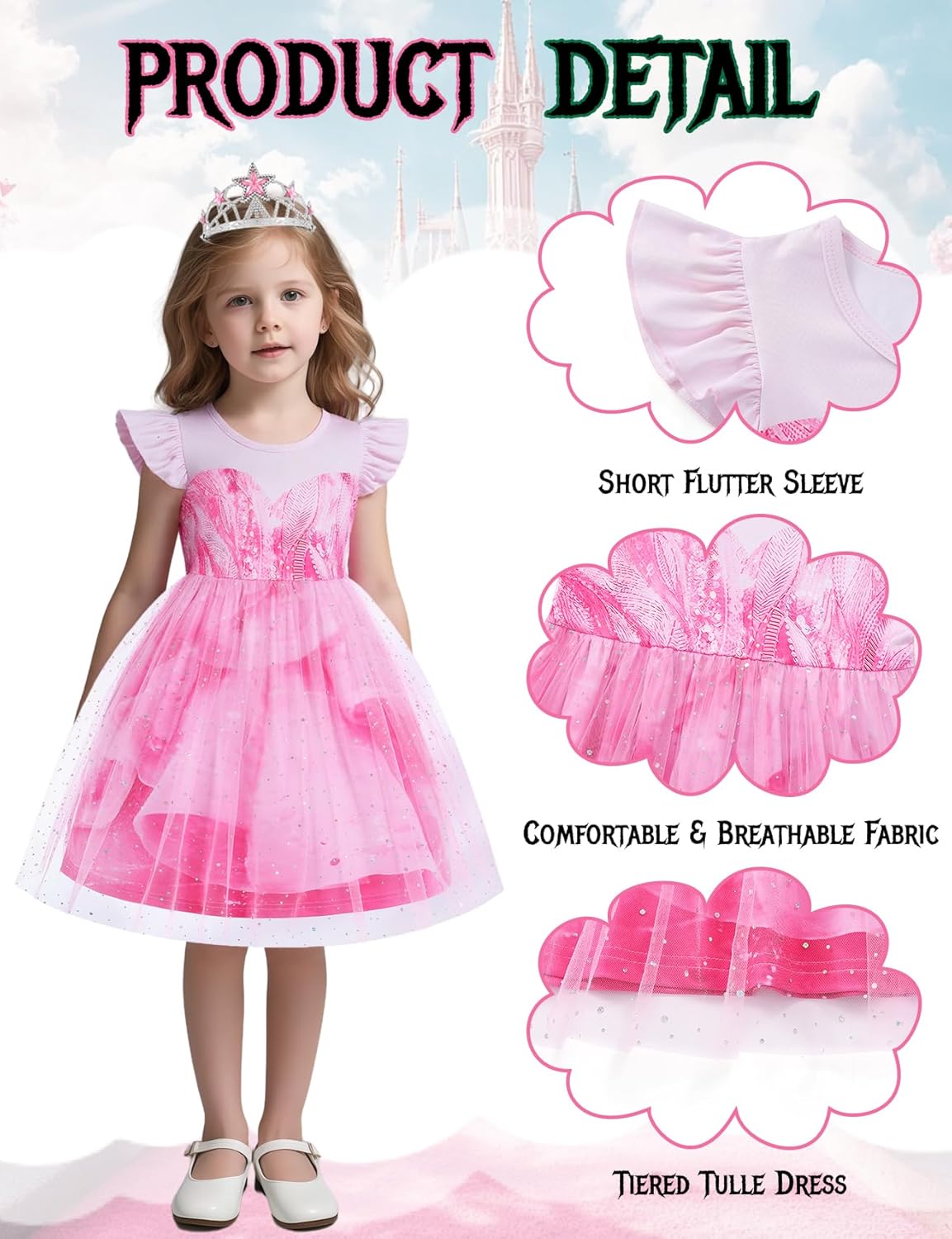 Good Witch Costume Pink Princess Dress Kids Halloween Costumes Witch Dress with Star Crown - Image 3