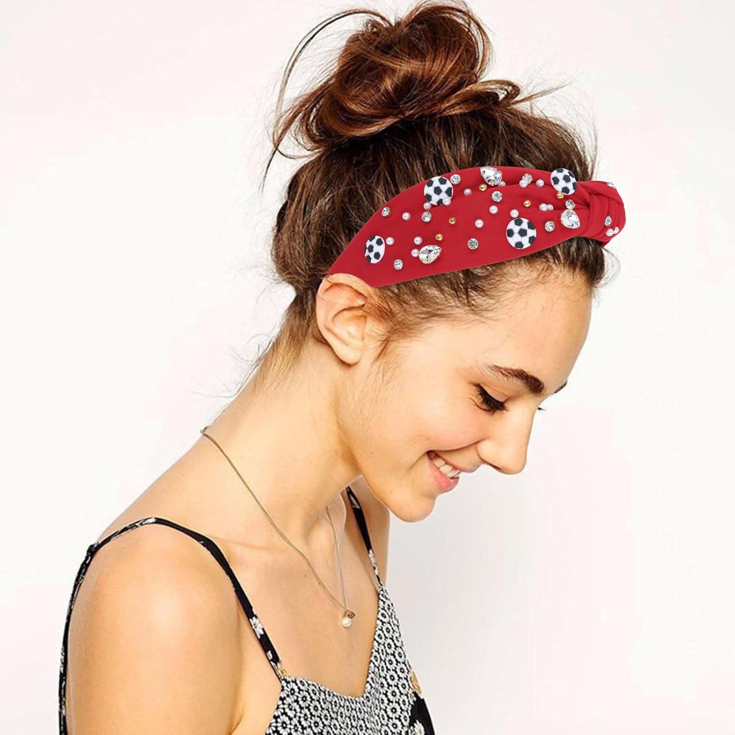 Soccer Headbands for Women Crystal Soccer Embellished Wide Top Knot Headband for Women Game Day Hair Accessories (Red) - Image 2