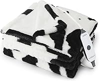 Sunbeam Royal Sherpa Heated Throw Blanket with Foot Pocket, Cow Print 50x60, 4 Heat Settings, 4-Hour Auto Shut-Off