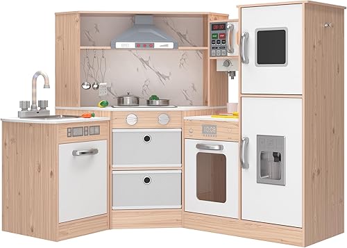 Miniatura 7 de Juego de juguetes de cocina, juego de cocina de madera para niños con luces y sonidos reales, fregadero, estufa, horno, máquina de hielo y