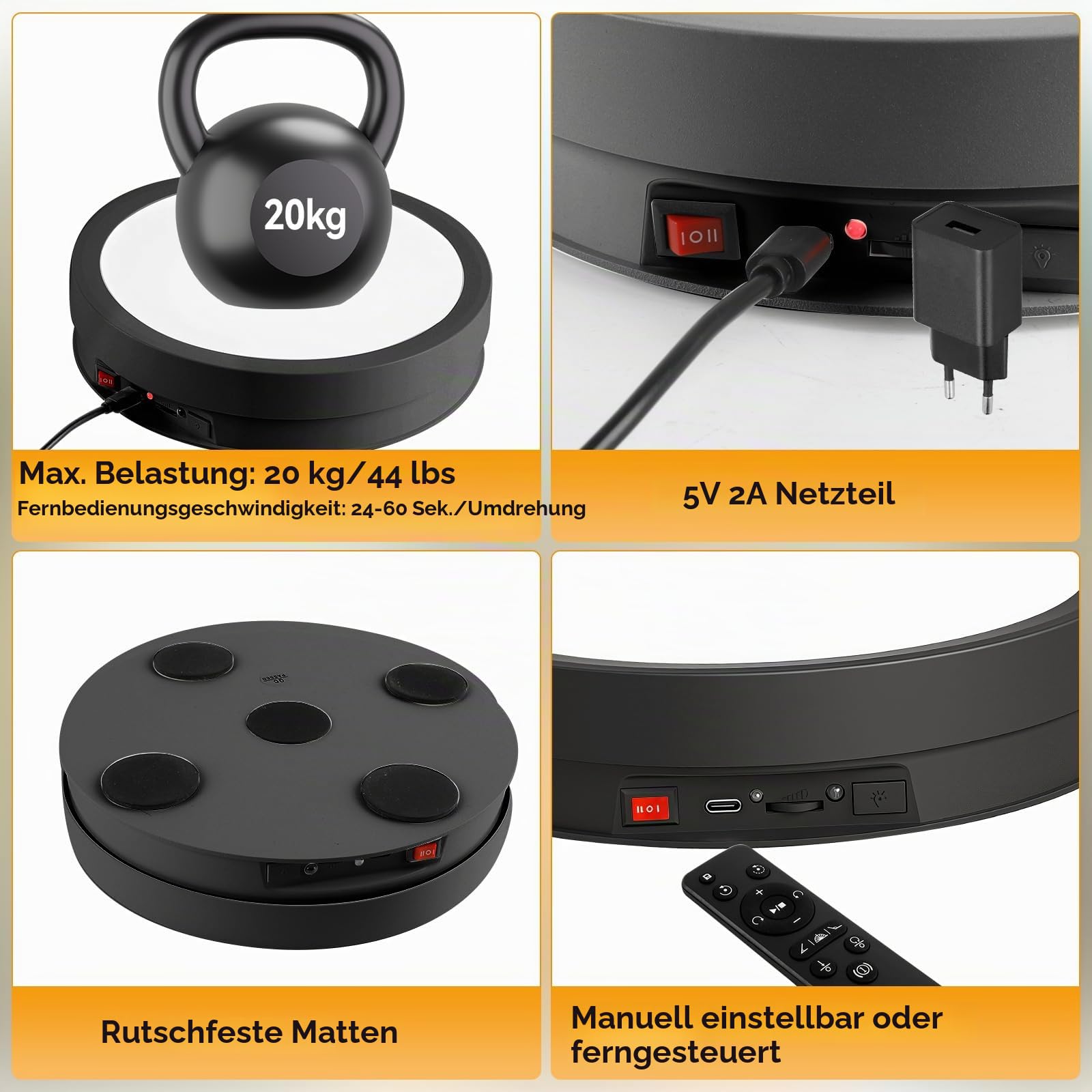 360 Grad Elektrischer Drehteller Für Fotografie, Drehteller Elektrisch mit Fernbedienung und 6-Farbe LED-Licht, 20KG Last, Drehteller Drehständer Displayständer für Glas Kristall Kugelbild (Schwarz)