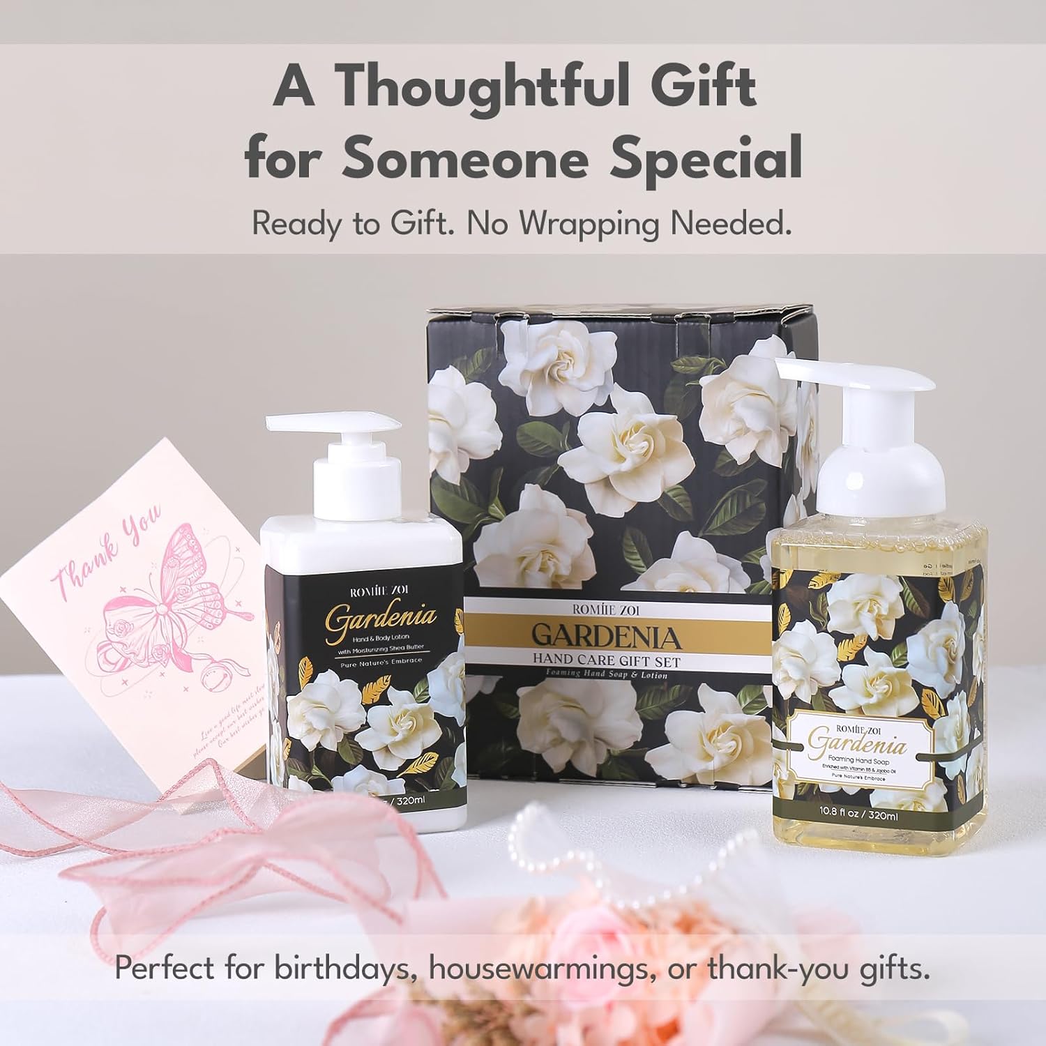 ROMIIE ZOI Gardenia Scent Foaming Hand Soap and Lotion - 320ml / 10.8 Fl Oz Each - Floral and Creamy Hand Care - Part of Luxury Bath & Body Gift Set