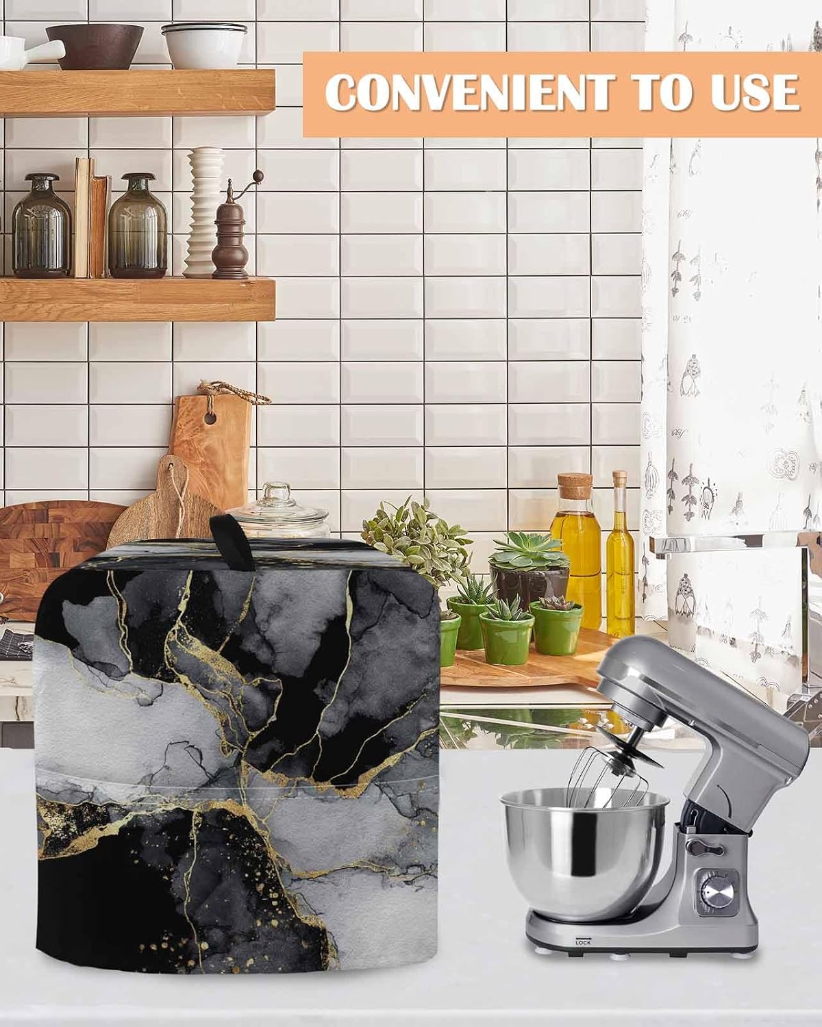 Black Grey Marble Stand Mixer Cover with Storage Pocket, Waterproof Kitchen Mixer Covers, Modern Gradient Abstract Aesthetic Kitchen Appliance Dust Cover Compatible with 4/4.5 Quart Mixers